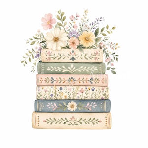 Puede incluir: Una pila de seis libros con lomos decorados con motivos florales en tonos crema, verde salvia, rosa suave y azul polvoriento. Un arreglo de acuarela de margaritas, flores silvestres y hojas verdes emerge de la parte superior del libro.