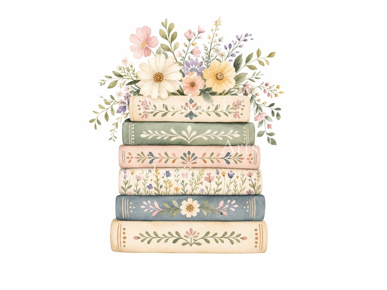 Puede incluir: Una pila de seis libros con lomos decorados con motivos florales en tonos crema, verde salvia, rosa suave y azul polvoriento. Un arreglo de acuarela de margaritas, flores silvestres y hojas verdes emerge de la parte superior del libro.