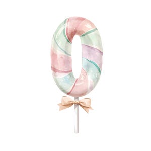 May include: A watercolor illustration of the number zero shaped like a lollipop. The number features swirling pastel stripes in shades of pink, mint green, and lavender. A small, light beige ribbon bow is tied around the base of the stick.