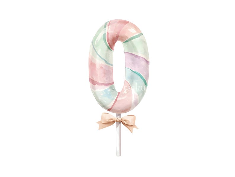 May include: A watercolor illustration of the number zero shaped like a lollipop. The number features swirling pastel stripes in shades of pink, mint green, and lavender. A small, light beige ribbon bow is tied around the base of the stick.