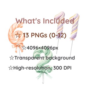 May include: A digital collection of 13 PNG number graphics shaped like swirled lollipops in pastel colors. The set includes numbers 0-12, each featuring a bow at the base and a stick. Text includes What's Included, 13 PNGs (0-12), 4096x4096px, Transparent background, and High-resolution, 300 DPI.