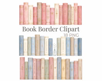 Puede incluir: Una colección de ilustraciones digitales que presenta tres filas de libros con detalles en lámina de oro. Los libros están dispuestos en tonos rosa, azul y beige. El texto "Book Border Clipart 18 PNG" está centrado entre las filas de libros.