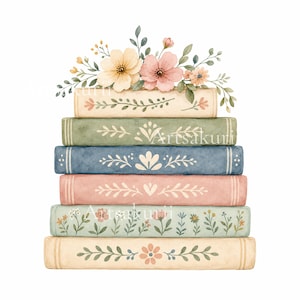 Puede incluir: Una pila de seis libros con ilustraciones en acuarela de patrones florales en sus lomos. Los libros son de color crema, verde salvia, azul polvoriento y rosa suave. Un ramo de flores amarillas y rosas descansa sobre el libro superior.