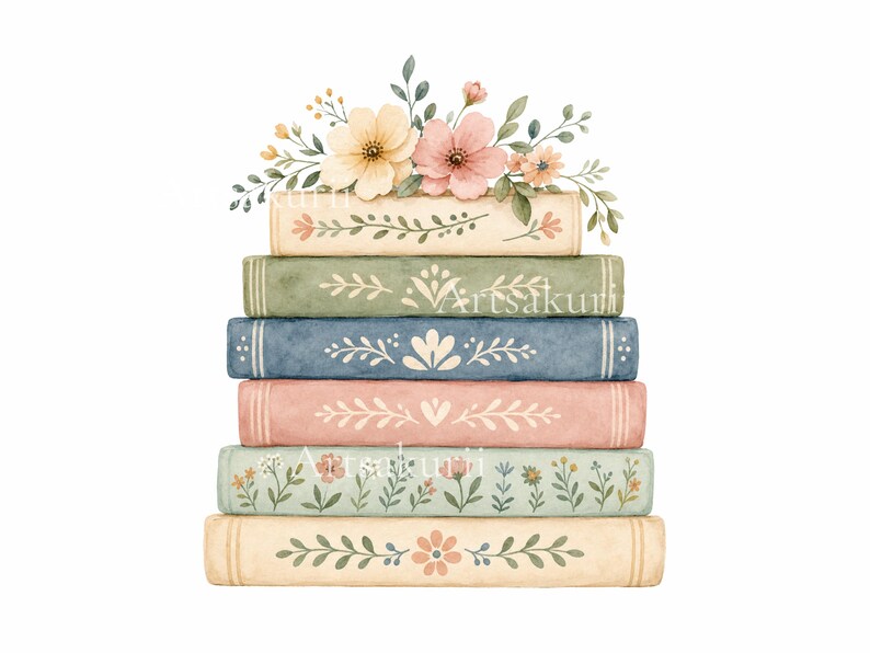 Puede incluir: Una pila de seis libros con ilustraciones en acuarela de patrones florales en sus lomos. Los libros son de color crema, verde salvia, azul polvoriento y rosa suave. Un ramo de flores amarillas y rosas descansa sobre el libro superior.