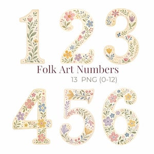 May include: A set of numbers 1 through 6 decorated with colorful floral patterns in shades of pink, blue, yellow, and green. The text "Folk Art Numbers" and "13 PNG (0-12)" is printed in the center. Each number features intricate botanical illustrations.