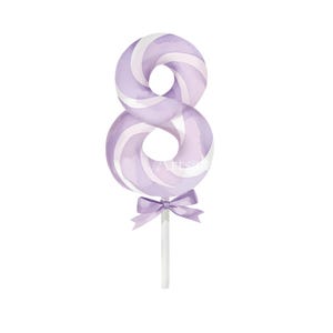 May include: A lollipop shaped like the number eight, featuring a light purple and white swirled pattern. The candy is attached to a white stick and is decorated with a small, light purple satin ribbon bow tied at the base of the number.