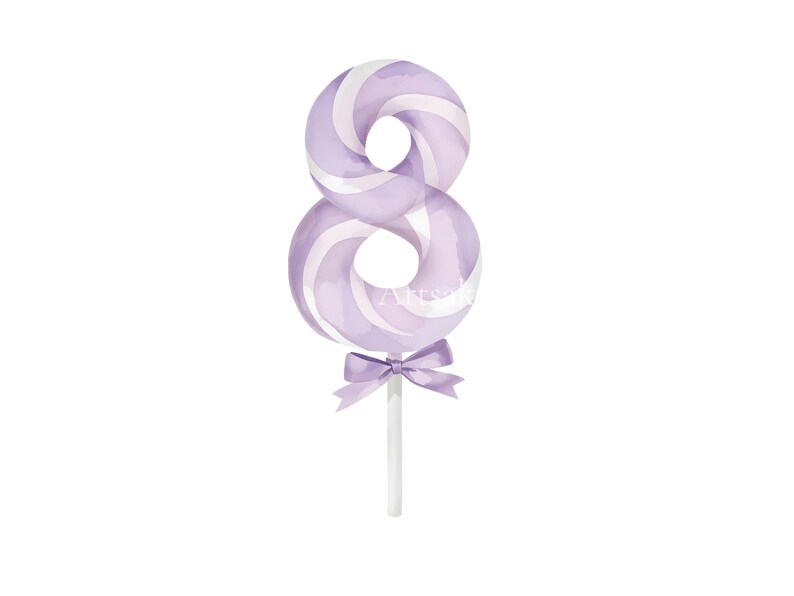 May include: A lollipop shaped like the number eight, featuring a light purple and white swirled pattern. The candy is attached to a white stick and is decorated with a small, light purple satin ribbon bow tied at the base of the number.