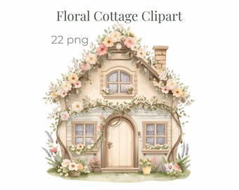 May include: Watercolor illustration of a cottage with floral accents. The house is beige with a brown roof and chimney. The cottage is adorned with pink, white, and yellow flowers and green vines. Text at the top reads "Floral Cottage Clipart" and "22 png".