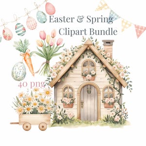 Puede incluir: Paquete de imágenes prediseñadas de acuarela con temas de Pascua y Primavera. Incluye una cabaña encantadora, huevos de Pascua, zanahorias, tulipanes y un carro lleno de margaritas. La imagen también presenta una pancarta de banderas en colores pastel y el texto "40 png".