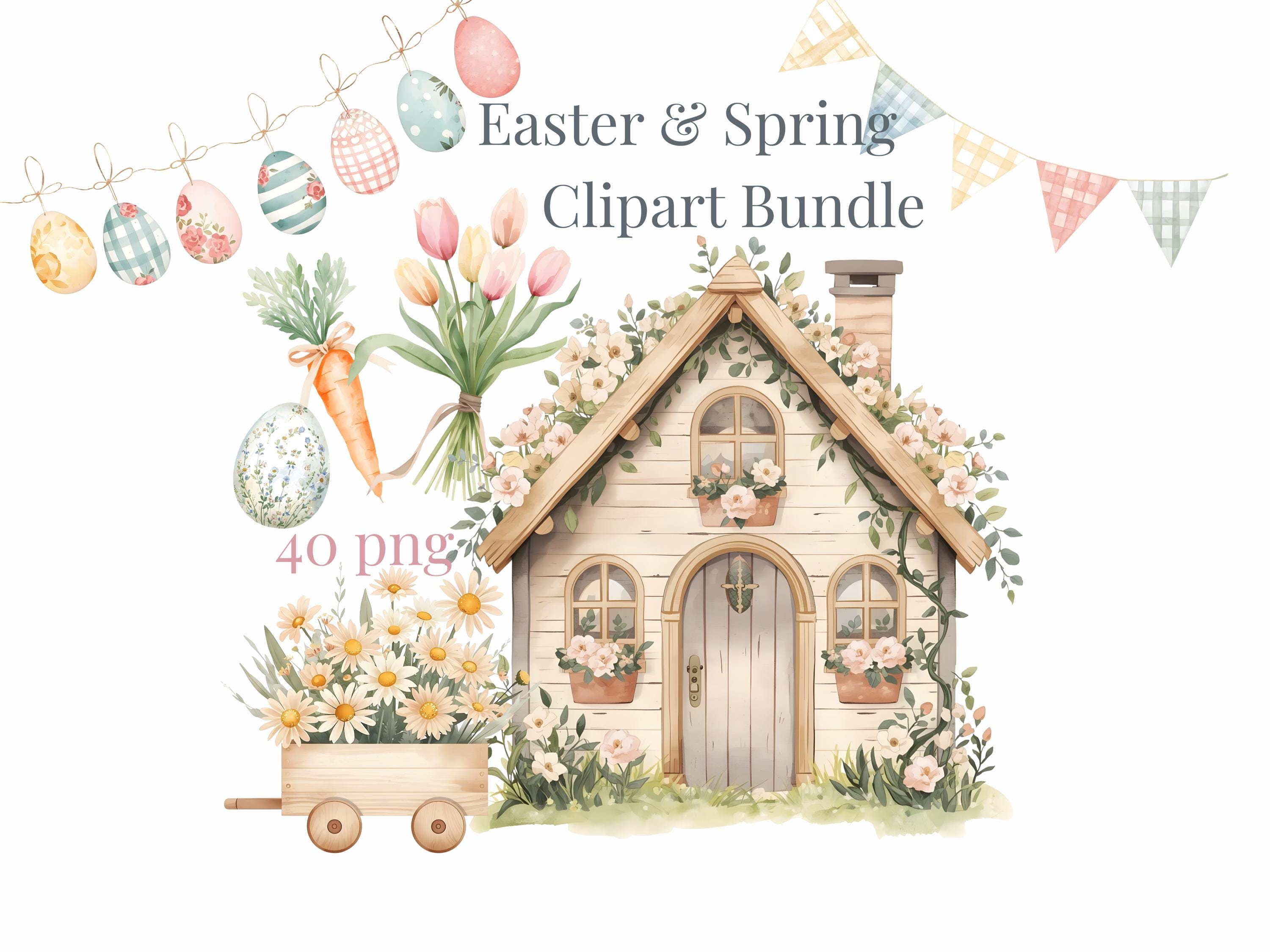 Easter & Spring Clipart Bundle 40 PNG, Watercolor Pastel Eggs Flowers ...