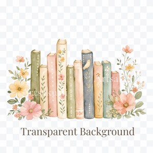 Puede incluir: Una colecci&oacute;n de nueve libros dispuestos verticalmente en tonos suaves de verde, rosa, azul y crema, decorados con delicadas ilustraciones florales y enredaderas. Los libros est&aacute;n alineados y enmarcados por flores y hojas verdes en acuarela.