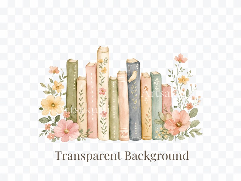 Puede incluir: Una colecci&oacute;n de nueve libros dispuestos verticalmente en tonos suaves de verde, rosa, azul y crema, decorados con delicadas ilustraciones florales y enredaderas. Los libros est&aacute;n alineados y enmarcados por flores y hojas verdes en acuarela.
