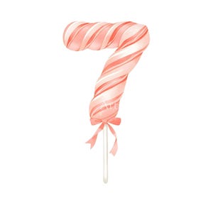 May include: A number seven shaped lollipop with a swirled pattern of light pink and white stripes. The candy is attached to a thin white stick and features a small, light pink ribbon bow tied at the base where the candy meets the stick.