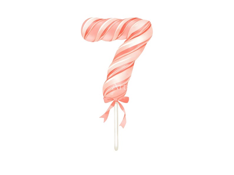 May include: A number seven shaped lollipop with a swirled pattern of light pink and white stripes. The candy is attached to a thin white stick and features a small, light pink ribbon bow tied at the base where the candy meets the stick.