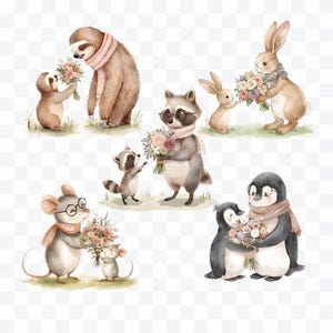 May include: Watercolor illustrations of various animals, including sloths, raccoons, rabbits, mice, and penguins, each holding bouquets of flowers. The animals are wearing scarves and glasses, set against a transparent background.