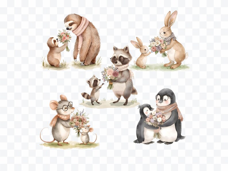 May include: Watercolor illustrations of various animals, including sloths, raccoons, rabbits, mice, and penguins, each holding bouquets of flowers. The animals are wearing scarves and glasses, set against a transparent background.