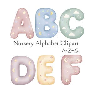 Puede incluir: Clipart de alfabeto en acuarela con las letras A, B, C, D, E y F en colores pastel. Cada letra está decorada con estrellas, lunas y nubes. El texto "Nursery Alphabet Clipart A-Z+&" está debajo.