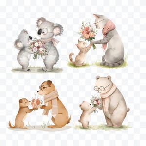May include: Watercolor illustrations of animals, including a koala, cat, dog, and bear, each giving a bouquet of flowers. The animals are wearing glasses and scarves. The background is a simple grassy area.