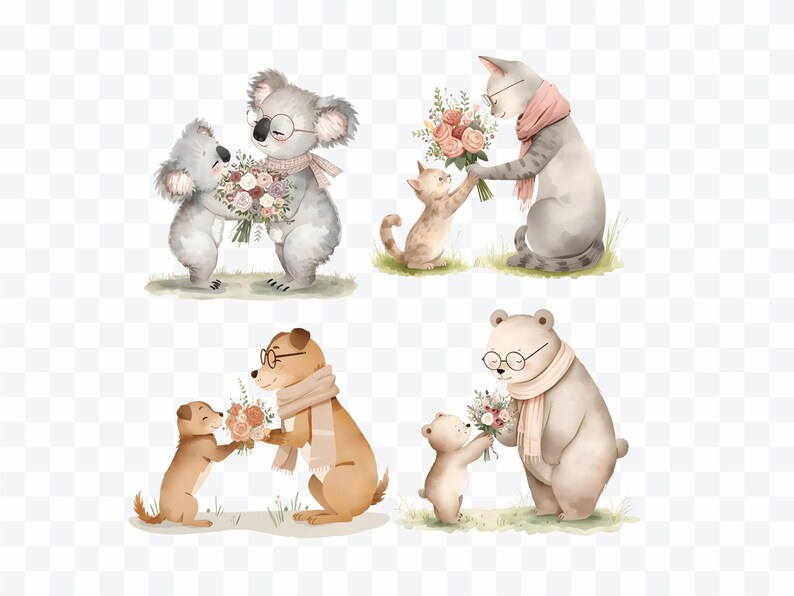 May include: Watercolor illustrations of animals, including a koala, cat, dog, and bear, each giving a bouquet of flowers. The animals are wearing glasses and scarves. The background is a simple grassy area.