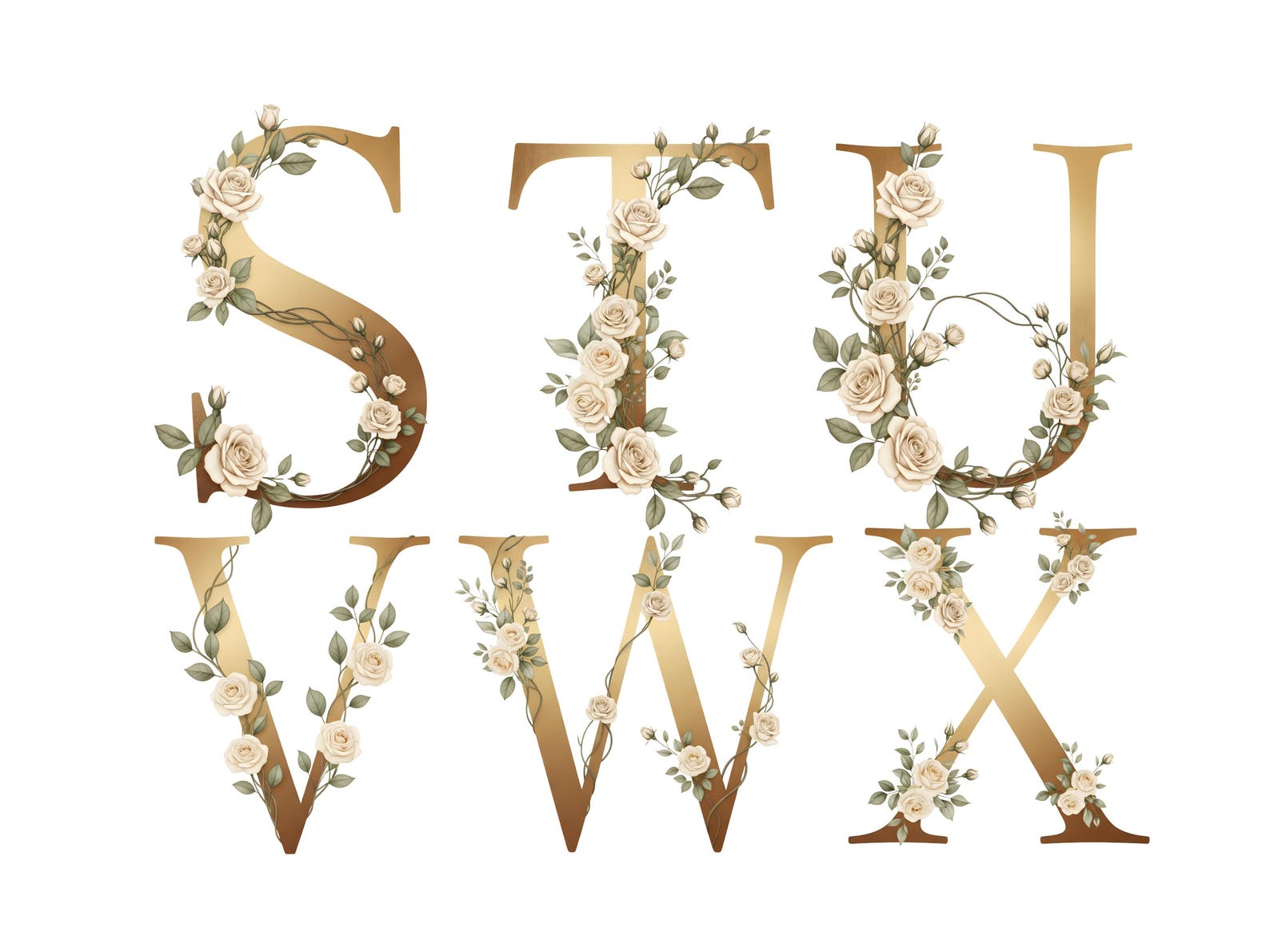 Gold Alphabet Clipart, Ivory Rose Letters, Floral Monogram PNG Set ...