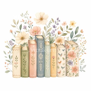 Puede incluir: Una ilustraci&oacute;n en acuarela de una fila de siete libros colocados verticalmente, decorados con patrones florales y motivos de peque&ntilde;os p&aacute;jaros, rodeados por un exuberante arreglo de flores en tonos pastel, hojas verdes y ramas de lavanda.
