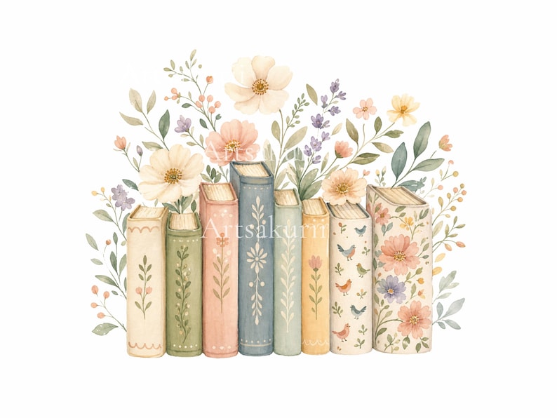Puede incluir: Una ilustraci&oacute;n en acuarela de una fila de siete libros colocados verticalmente, decorados con patrones florales y motivos de peque&ntilde;os p&aacute;jaros, rodeados por un exuberante arreglo de flores en tonos pastel, hojas verdes y ramas de lavanda.