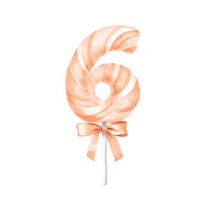 May include: A peach-colored lollipop shaped like the number six, featuring a swirling pattern of light and dark peach tones. The candy is attached to a thin white stick and is decorated with a matching peach-colored ribbon tied in a bow.