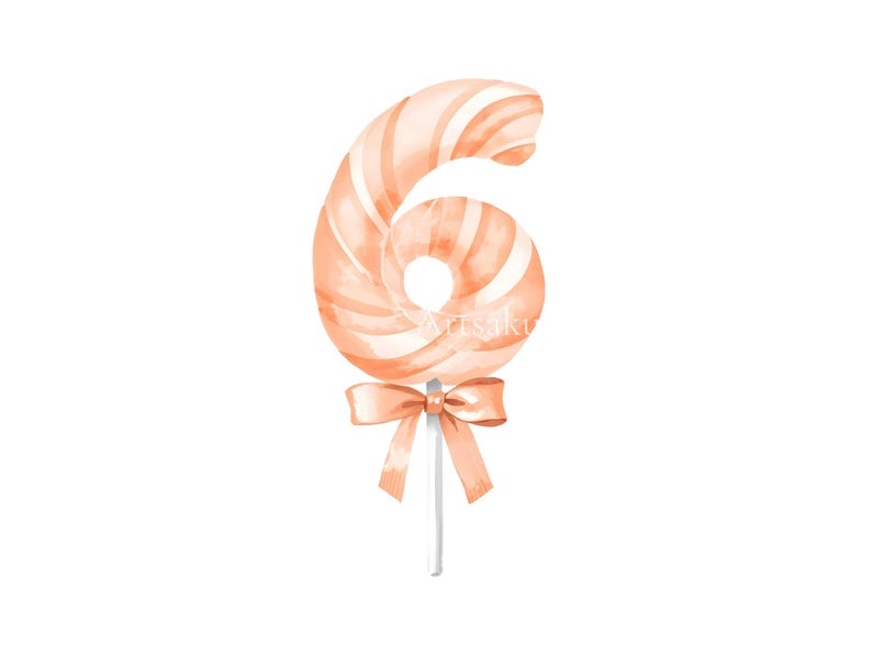 May include: A peach-colored lollipop shaped like the number six, featuring a swirling pattern of light and dark peach tones. The candy is attached to a thin white stick and is decorated with a matching peach-colored ribbon tied in a bow.