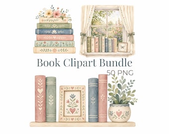 Puede incluir: Un conjunto de ilustraciones digitales que presenta pilas de libros con patrones florales, una escena de ventana con cortinas y libros, y una estantería con libros verticales, un marco y una planta. El texto dice Book Clipart Bundle 50 PNG.