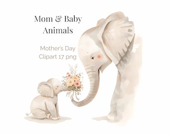 Watercolor Mother’s Day Animal Clipart Set – Mom and Baby Animals with Bouquet, Printable Card Design 17 PNG
