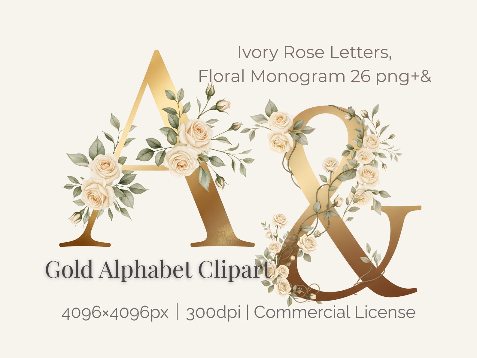 Gold Alphabet Clipart, Ivory Rose Letters, Floral Monogram PNG Set ...
