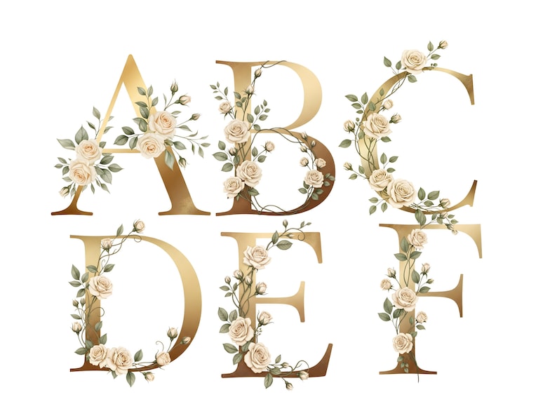 Gold Alphabet Clipart, Ivory Rose Letters, Floral Monogram PNG Set ...