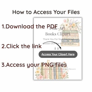 Puede incluir: Una hoja de instrucciones digital titulada How to Access Your Files con tres pasos: 1. Download the PDF, 2. Click the link y 3. Access your PNG files. Incluye un bot&oacute;n gris oscuro con el texto Access Your Clipart Here e ilustraciones.