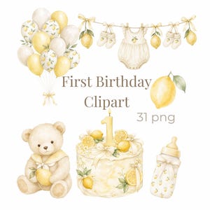 Könnte beinhalten: Aquarell-Clipart-Set mit einem Teddybären, einem Kuchen mit einer Kerze in Form einer Eins, einer Babyflasche, Luftballons und einer Wäscheleine mit einem Body und Babyschuhen, verziert mit gelben Zitronen und grünen Blättern. Text First Birthday Clipart 31 png.