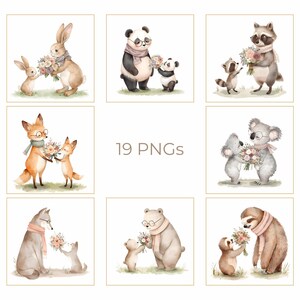 May include: Watercolor illustrations of various animals, including a rabbit, panda, raccoon, fox, koala, wolf, bear, and sloth, each holding a bouquet of flowers. The image includes the text "19 PNGs". The animals are wearing scarves and glasses.
