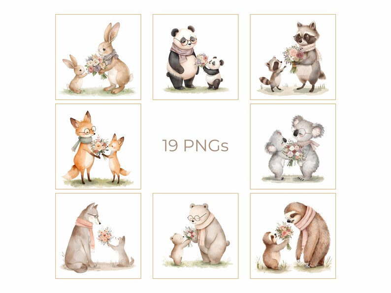 May include: Watercolor illustrations of various animals, including a rabbit, panda, raccoon, fox, koala, wolf, bear, and sloth, each holding a bouquet of flowers. The image includes the text "19 PNGs". The animals are wearing scarves and glasses.