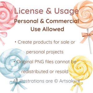 May include: Four watercolor-style lollipops in pink, peach, blue, and yellow, each with a matching ribbon on the stick. Text reads: License & Usage, Personal & Commercial Use Allowed, Create products for sale or personal projects, Original PNG files cannot be redistributed or resold, All illustrations are &copy; Artsakurii.