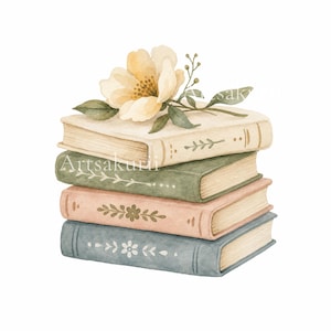 Puede incluir: Una pila de cuatro libros con un estilo de ilustraci&oacute;n en acuarela. Los libros son de color crema, verde salvia, rosa empolvado y azul pizarra, cada uno con detalles florales en el lomo. Una flor amarilla p&aacute;lida con hojas verdes descansa encima.