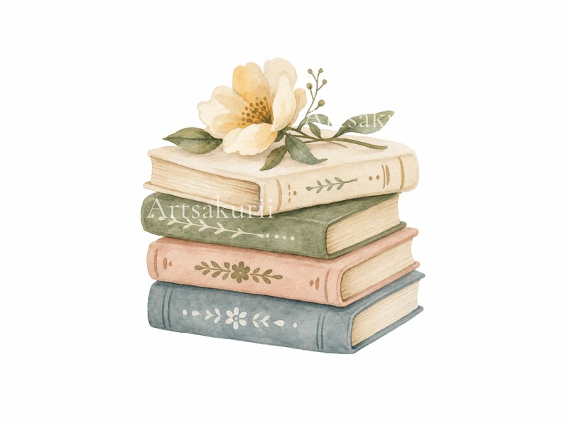 Puede incluir: Una pila de cuatro libros con un estilo de ilustraci&oacute;n en acuarela. Los libros son de color crema, verde salvia, rosa empolvado y azul pizarra, cada uno con detalles florales en el lomo. Una flor amarilla p&aacute;lida con hojas verdes descansa encima.