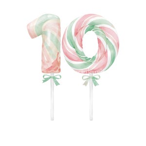 May include: A watercolor illustration of the number ten shaped like candy lollipops. The number one and zero feature a swirling pattern of soft pink and mint green colors. Each lollipop is attached to a white stick with a small green bow.