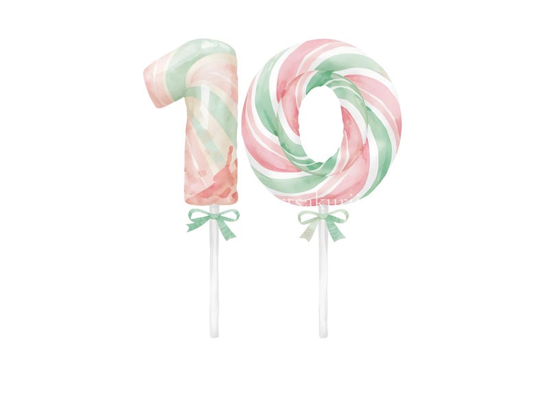 May include: A watercolor illustration of the number ten shaped like candy lollipops. The number one and zero feature a swirling pattern of soft pink and mint green colors. Each lollipop is attached to a white stick with a small green bow.