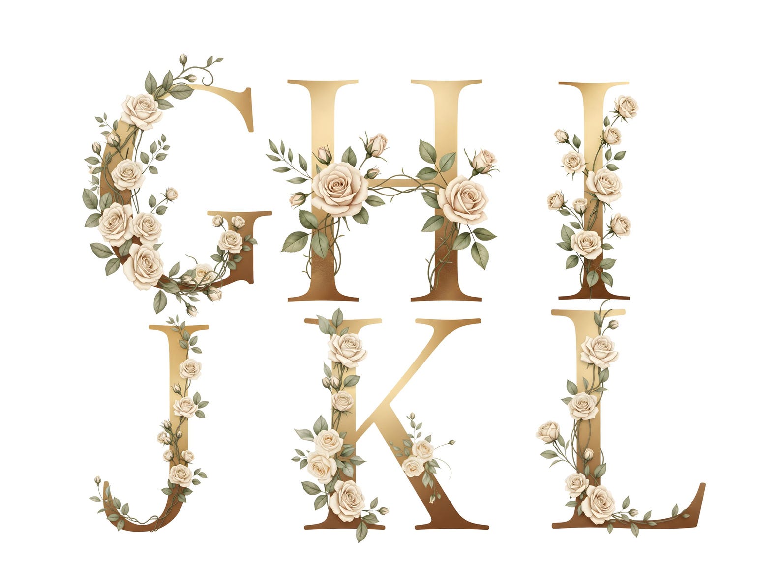Gold Alphabet Clipart, Ivory Rose Letters, Floral Monogram PNG Set ...