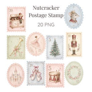 May include: A collection of digital postage stamp illustrations featuring Nutcracker-themed motifs including a toy chest, mouse king, trumpet, ballerina, Christmas tree, soldier, castle, ballet slippers, drum, and floral wreath with the text Nutcracker Postage Stamp 20 PNG.
