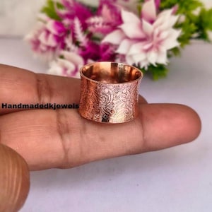 Handmade Pure Copper Wide Band Ring – Floral Engraved Boho Statement