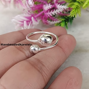 Handmade Sterling Silver Two Ball Ring - Adjustable Minimalist Statement Ring