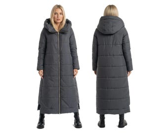 Cyberpunk Long Puffer Jacket for Women, Hooded Quilted Maxi Winter Coat, Techwear Streetwear Parka, Gothic Futuristic Outerwear, Dark Gray