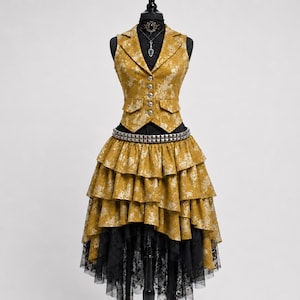gold steampunk dress Custom Size brown and gold Steampunk Burlesque corset wedding gown with train prom chain high low S-XL Glamtastik