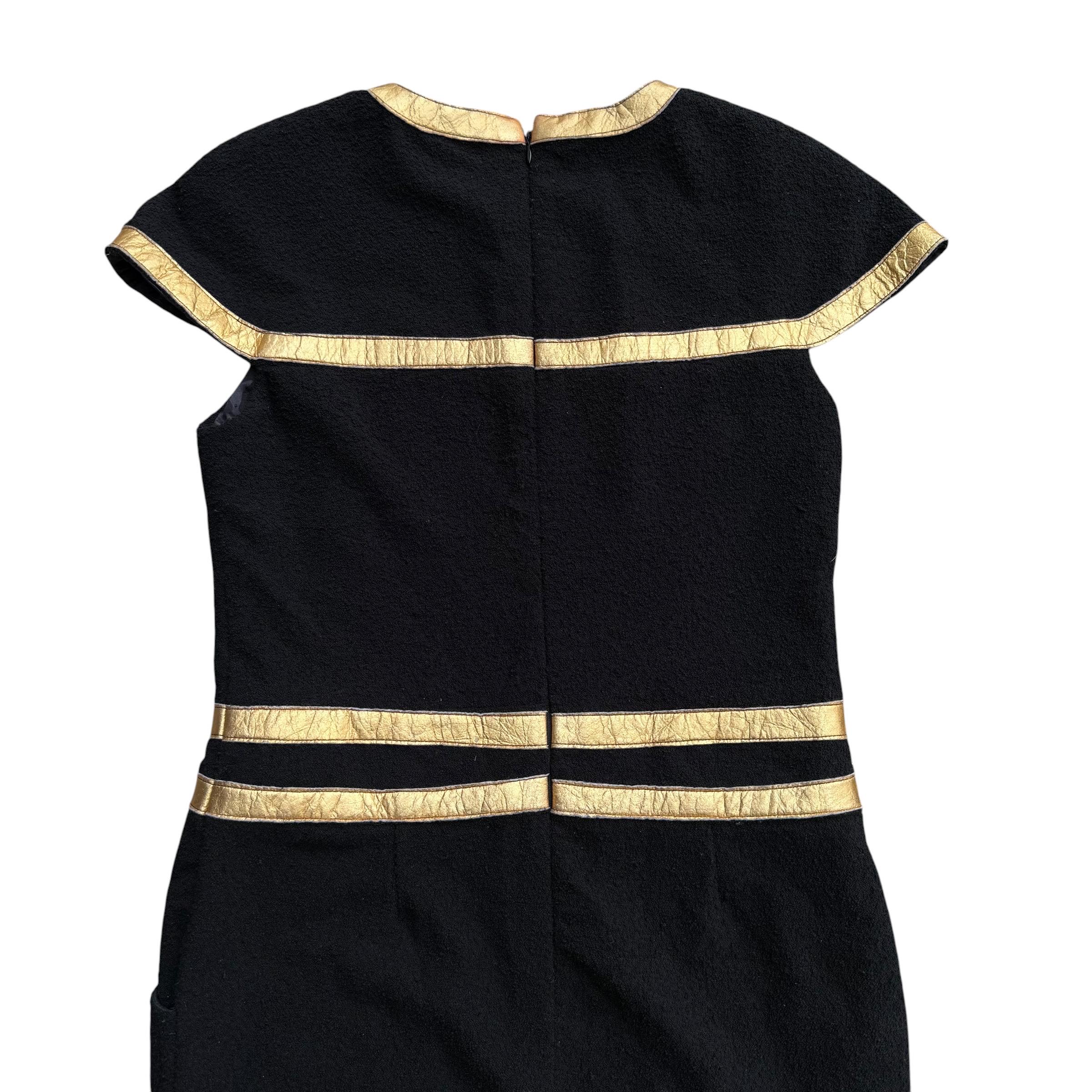 chanel black and gold dress 1985 Chanel Documented Runway Metallic Beaded Gold Lam & Black Silk S