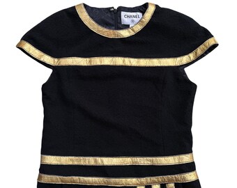 chanel black gold dress Evening Chanel Size 4 Black Silk Gold Chain Black Sequins Dress