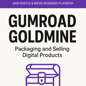 May include: A book cover with the title "GUMROAD GOLDMINE" in large black letters. The subtitle reads "Packaging and Selling Digital Products." The author's name, Grant Mercer, is below. A purple treasure chest icon is in the center. The top and bottom have a purple banner with the text "SIDE-HUSTLE & MICRO-BUSINESS PLAYBOOK."